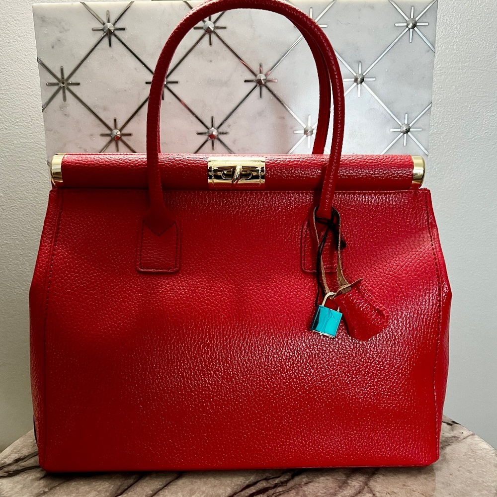 RED Genuine Leather Ladylike Top Frame Satchel